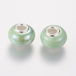 ロンデルローングリーン手作り磁器大穴ヨーロッパビーズ  シルバーカラーの真鍮の二重コアを持つ  15x11mm  穴：5mm&nbsp;X-OPDL-G001-9