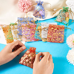 ローズプリントオーガンジー巾着バッグ 55色11個  結婚式の好意バッグ  ギフトバッグ  長方形  ミックスカラー  9x7cm  5個/カラー&nbsp;OP-TA0001-15C