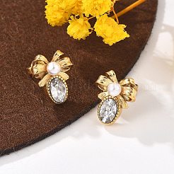 304ステンレススチールマイクロパヴェクリアキュービックジルコニアスタッドピアス  プラスチック模造パールと  蝶結び  18KGP本金メッキ  13x11mm&nbsp;EJEW-I318-03G-01