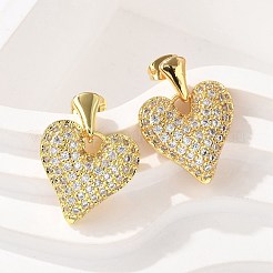 真鍮マイクロペーブクリアキュービックジルコニアダングルスタッドピアス  ラックめっき  長持ちメッキ  鉛フリー＆カドミウムフリー  ハート  18KGP本金メッキ  23.5x18mm&nbsp;EJEW-F359-02G