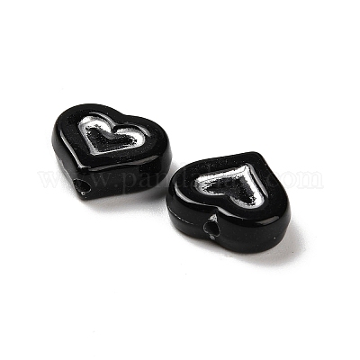 不透明なアクリルビーズ シルバーライン入り ハート ブラック 12.5x14