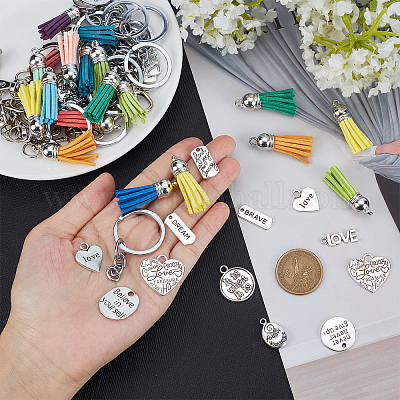 Wholesale SUNNYCLUE 180Pcs DIY 20 Sets Keychain Tassels Bulk Inspirational Charms Key Chain Making Kit Faux Suede Tassel Inspiration Charms for Jewelry Making Lobster Claw Clasps Large Split Key Ring ...