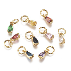 Brass Micro Pave Cubic Zirconia Charms, with Jump Ring, Cadmium Free & Lead Free, Long-Lasting Plated, Real 18K Gold Plated, Faceted, Teardrop, Mixed Color, 8x3x3mm, Hole: 3mm