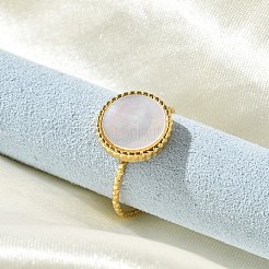 Flat Round 304 Stainless Steel White Shell Cuff Rings for Women&nbsp;RJEW-G346-10G-02