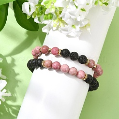 Adjustable Natural Rhodonite and Natural Lava Rock Stretch Bracelets&nbsp;BJEW-JB14150-01