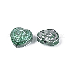 ベーキングペイント透明ガラスビーズ  ハート＆フラワー  シルバーライン入り  シーグリーン  14.5~15x16x7~7.5mm  穴：1~1.2mm&nbsp;DGLA-N018-26C