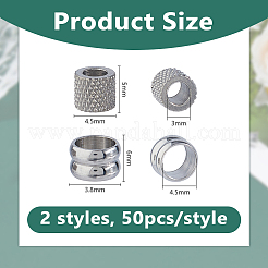100個 2スタイル 304ステンレススチールビーズ  コラム  ステンレス鋼色  5~6x3.8~4.5mm  穴：3~4.5mm  50個/スタイル&nbsp;STAS-DC0017-28