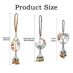 3Pcs 3 Styles Copper Wire Wrapped Chakra Natural Gemstone with Tree of Life Pendant Decorations&nbsp;HJEW-CJ0001-22