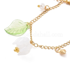 アクリル リーフ & フラワー & プラスチック パール チャーム ブレスレット  女性用ゴールデン 304 ステンレススチール ジュエリー  ゴールドカラー  6-7/8インチ（17.6cm）&nbsp;BJEW-JB09077
