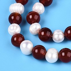 Natural Carnelian(Dyed & Heated) Round & Natural Cultured Freshwater Pearl Grooved Potato Beads Strands&nbsp;PEAR-N019-09