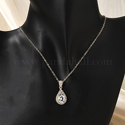 Brass Micro Pave Clear Cubic Zirconia Teardrop Pendant Neckalces for Women&nbsp;NJEW-S448-13G
