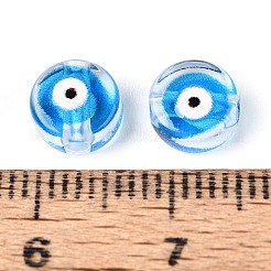 プリントされた透明アクリルビーズ  ナザールボンジュウ付きフラットラウンド  ドジャーブルー  7x4mm  穴：1.8mm&nbsp;TACR-T030-22C