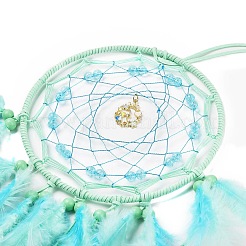 羽飾りを吊るした織物のウェブ/ネット  自宅のリビングルームや寝室の壁の装飾に使える鉄のリングと木製ビーズ  ダークターコイズ  685mm&nbsp;HJEW-G025-03A
