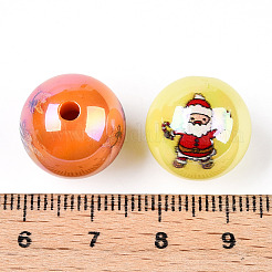 クリスマステーマのABメッキ不透明アクリルビーズ  印刷された円形  ミックスカラー  15.5x15mm  穴：2.5mm&nbsp;SACR-T017-05