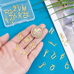 26個26スタイル真鍮チャーム  a～zの文字  丸カン付き  18KGP本金メッキ  13~14x3~7.5x1.5mm  穴：2.5mm  1個/スタイル&nbsp;KK-PH0011-57