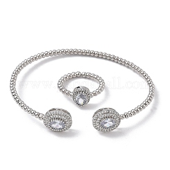 Oval Brass Micro Pave Cubic Zirconia Cuff Bangles & Rings Sets for Women&nbsp;SJEW-R002-03P-01