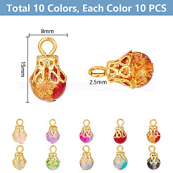 100色のクラックルガラスチャーム10個。  鉄パーツ  ラウンド  ゴールドカラー  15x8mm  穴：2.5mm  10個/カラー&nbsp;PALLOY-AB00223