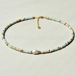 Natural Shoushan Stone & Natural Freshwater Pearl & Brass Rondelle Beaded Necklaces for Women&nbsp;WG98AF4-02
