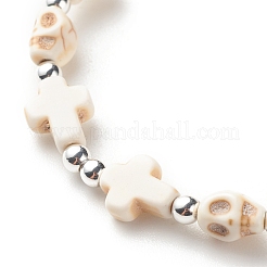Synthetic Turquoise(Dyed) Cross & Skull Beaded Stretch Bracelet&nbsp;BJEW-JB08451-01