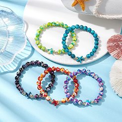 丸い染色合成ターコイズビーズストレッチブレスレット  女性用夏のビーチヒトデリンクブレスレット  ミックスカラー  内径：2-1/8~2-3/8インチ（5.5~6.1cm）&nbsp;BJEW-JB10610