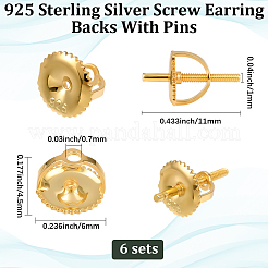 6セット925個のスターリングシルバー製イヤリングナットとピン  ゴールドカラー  6x4.5mm  穴：0.7mm  11x1mm  2個/セット&nbsp;STER-BBC0008-58G