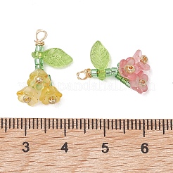 ガラスシードビーズとアクリルビーズのペンダント7個  花のチャーム  304ステンレススチールループ付き  ゴールドカラー  ミックスカラー  18.5x15x6mm  穴：1.6mm  約7個/セット&nbsp;PALLOY-MZ01325