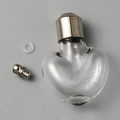 透明なガラスの小瓶ペンダント  プラチナ真鍮製のウィッシュボトルチャーム  ハート  35.5x22x10.5mm  穴：1.8mm&nbsp;GLAA-WH0017-02B-05