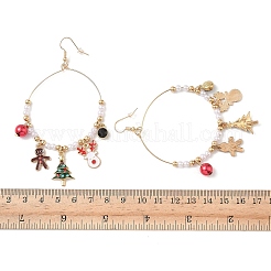 クリスマステーマ合金エナメルダングルピアス  プラスチック製のビーズと  クリスマスツリー  ゴールドカラー  93x52mm&nbsp;EJEW-B068-01G-01