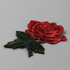 バラの花の形のコンピュータ刺繍布アイロン接着/縫い付けパッチ  マスクと衣装のアクセサリー  レッド  90x67x1.5mm&nbsp;PATC-WH0007-34B