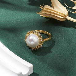 花の天然真珠の調節可能なリング  女性用スターリングシルバーマイクロパヴェキュービックジルコニア指輪  18KGP本金メッキ  内径：16mm&nbsp;RJEW-P113-03G
