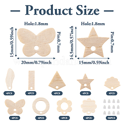 36Pcs 9 Styles Rectangle & Flower & Butterfly & Star Ash Wood Stud Earring Findings&nbsp;EJEW-TA0001-19