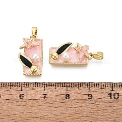 真鍮製エナメルペンダント  長方形と花のチャーム  ABSの模造パールと  18KGP本金メッキ  ピンク  20.5x11x5.5mm  穴：5x2.5mm&nbsp;KK-SZC0009-04G-02