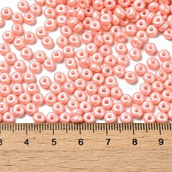 ベーキングペイント 光沢ガラス シードビーズ  ドーナツ  ライトサーモン  4x2.5mm  穴：1mm  6205個/ポンド&nbsp;SEED-B001-04A-08