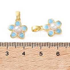 エナメルチャーム付き真鍮  ABSの模造パールと  花のチャーム  18KGP本金メッキ  ライトスカイブルー  14x12x5mm  穴：5x2.5mm&nbsp;KK-CBA9FD2-02G-01