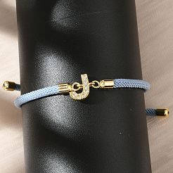 調節可能なナイロンコードブレスレット  真鍮マイクロパヴェキュービックジルコニアレターチャームジュエリー、女性用、男性用  ラックめっき  長持ちメッキ  文字J  1/8インチ（0.3cm）  内径：2-5/8インチ（6.6cm）&nbsp;BJEW-C096-01G-10