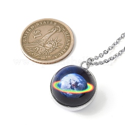 304ステンレススチールガラス宇宙ペンダントネックレス  ステンレス鋼色  ミッドナイトブルー  19.69インチ（50cm）&nbsp;NJEW-JN05192-02