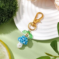 アクリルの葉のペンダント飾りが付いた手作りのガラスの種キノコ  合金製回転式ロブスター クロウ クラスプ バッグ飾り用チャーム  ディープスカイブルー  63mm&nbsp;HJEW-MZ00104-03