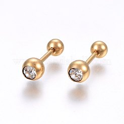 304ステンレススチール製耳たぶプラグ  スクリューバックイヤリング  ラインストーン付き  ラウンド  クリスタル  ゴールドカラー  5mm  ピン：1mm  12のペア/袋&nbsp;EJEW-H362-09G
