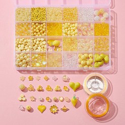 DIY チャーム ストレッチ ブレスレット メイキング キット  アクリル バイコーン & ハート & スター & 花 & イミテーション パール ビーズを含む  ガラスシードビーズ  合金エナメル & レジン ペンダント  きいろ  2128個/袋&nbsp;DIY-FS0003-35