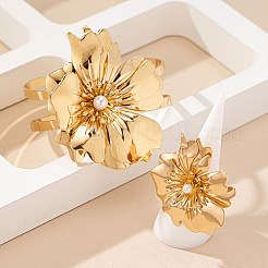 女性用フラワー合金カフバングル＆カフリングセット  プラスチック模造パールと  ゴールドカラー  内径：60mm&nbsp;FS-WGC4226-01