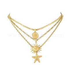オーシャン 304 ステンレススチール製太陽ヒトデディスクペンダント 3連ネックレス（女性用）  18KGP本金メッキ  15.55インチ（39.5cm）〜15.94インチ（40.5cm）  3個/セット&nbsp;SA-CBA9AC8-01G