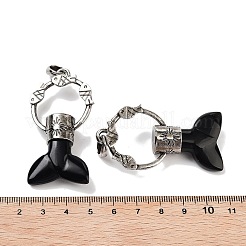 天然黒曜石のクジラの尾の大きなペンダント  ラックメッキアンティークシルバーメッキ合金魚リングチャーム  カドミウムフリー＆鉛フリー  56~57x29x12.5~13mm  穴：6.5x6mm&nbsp;G-Q163-03AS-09