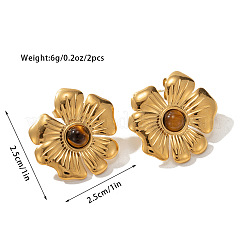 304ステンレススチール製、天然タイガーアイのスタッドピアス  ゴールドカラー  花  25mm&nbsp;FS-WG1A0AA-01