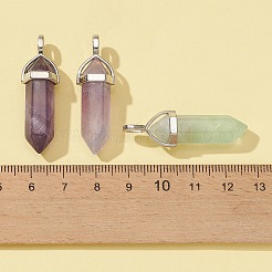 6 個 3 スタイル天然混合石ダブル終端先のとがったペンダント  天然アメジスト＆カラフル蛍石＆グリーン蛍石  ファセットバレットチャーム  ランダムアロイペンダント六角形ビーズキャップベイル付き  プラチナ  37~40x12mm  穴：3x4mm  2個/スタイル&nbsp;G-FS0002-48