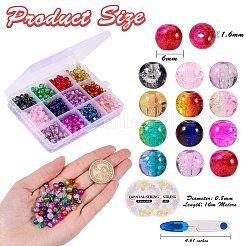 DIYストレッチブレスレット作成キット  840個12色スプレー塗装クラックルガラスビーズ  2ロールの伸縮性のあるクリスタルスレッドと1個のミシンはさみ  ミックスカラー  6mm  穴：1.3~1.6mm  12色  70個/カラー  840pc&nbsp;DIY-SZ0004-06