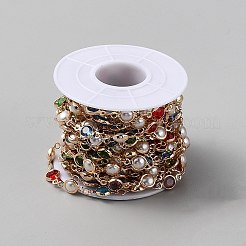 真鍮 ガラス フラット ラウンド リンク チェーン  absプラスチックパール  ハンダ付け  スプールで  ライトゴールド  13x7x4mm  約16.40フィート（5m）/ロール&nbsp;LCHA-WH0003-02KCG