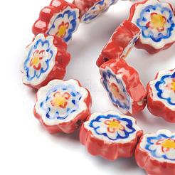 手作り磁器の花のビーズ連売り  手描きの陶器ビーズ  レッド  16x16x6mm  穴：2mm  約20個/連  12.99インチ（33cm）&nbsp;PORC-G006-14D