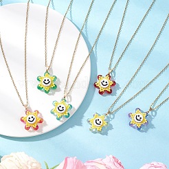 Opaque Acrylic & Glass Seed Beaded Smiling Face Flower Pendant 304 Stainless Steel Cable Chain Necklaces for Women&nbsp;NJEW-MZ00133