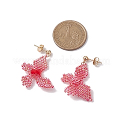 ガラスシードビーズのダングルスタッドピアス  304ステンレススチール製金具付き  蝶  レッド  40x28mm&nbsp;EJEW-MZ00168-01