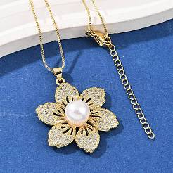 真鍮マイクロパヴェキュービックジルコニアとプラスチックビーズのネックレス  花  18KGP本金メッキ  17.48インチ（44.4cm）&nbsp;NJEW-Q041-07G